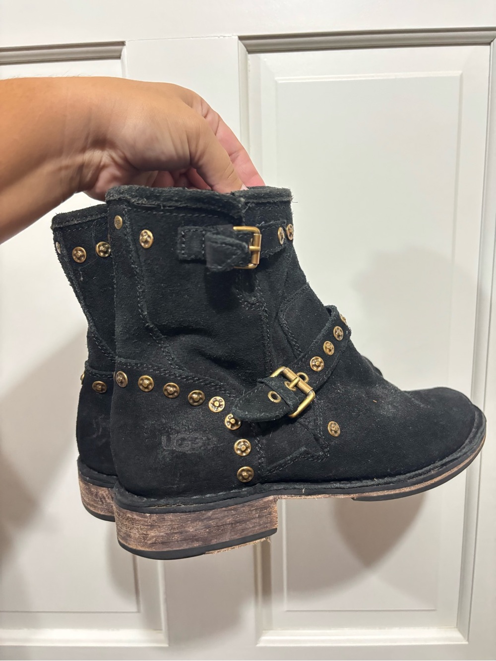 UGG Fabrizia Black Suede Studded Moto Engineer Boots Size 8.5